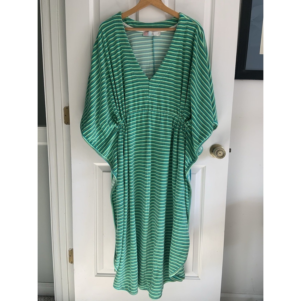 FP Beach Poolside Midi Kaftan Dress Cinch Waist Green striped Terry sz M/L